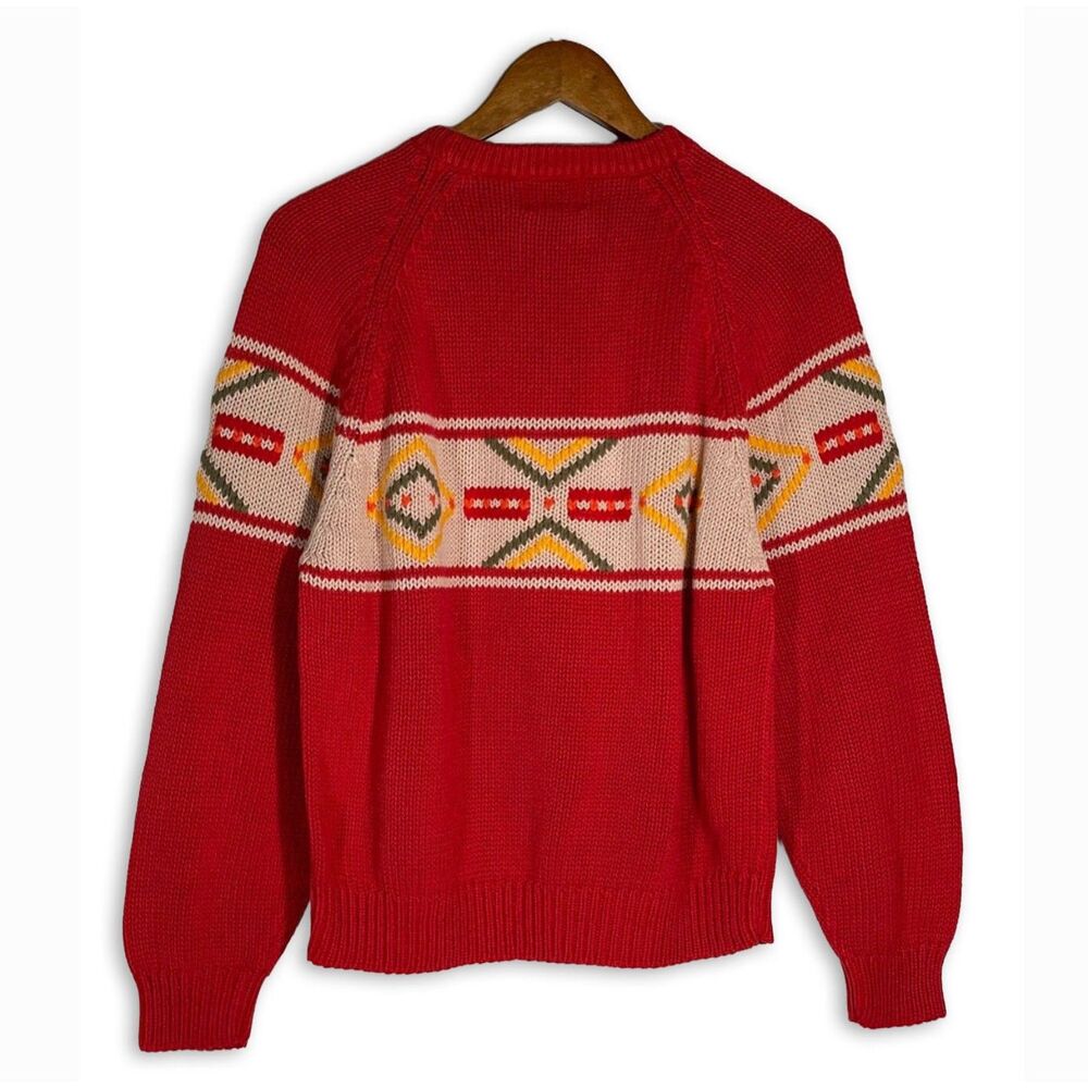Vintage Red Knit Sweater Geometric Aztec Print Pullover 80s 90s Size Medium - Picture 7 of 10